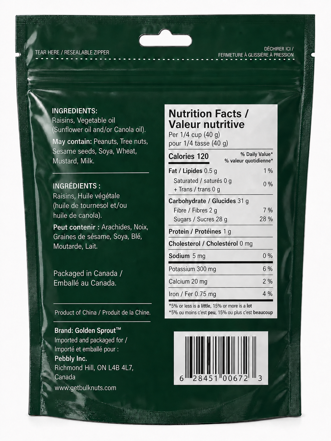 Golden Sprout Sultana Raisins back label nutrition facts