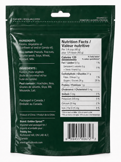 Golden Sprout Sultana Raisins back label nutrition facts